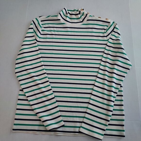 J Crew Lisbon Stripe Ivory & Emerald Vintage Ribbed Turtleneck With Buttons - Picture 3 of 9